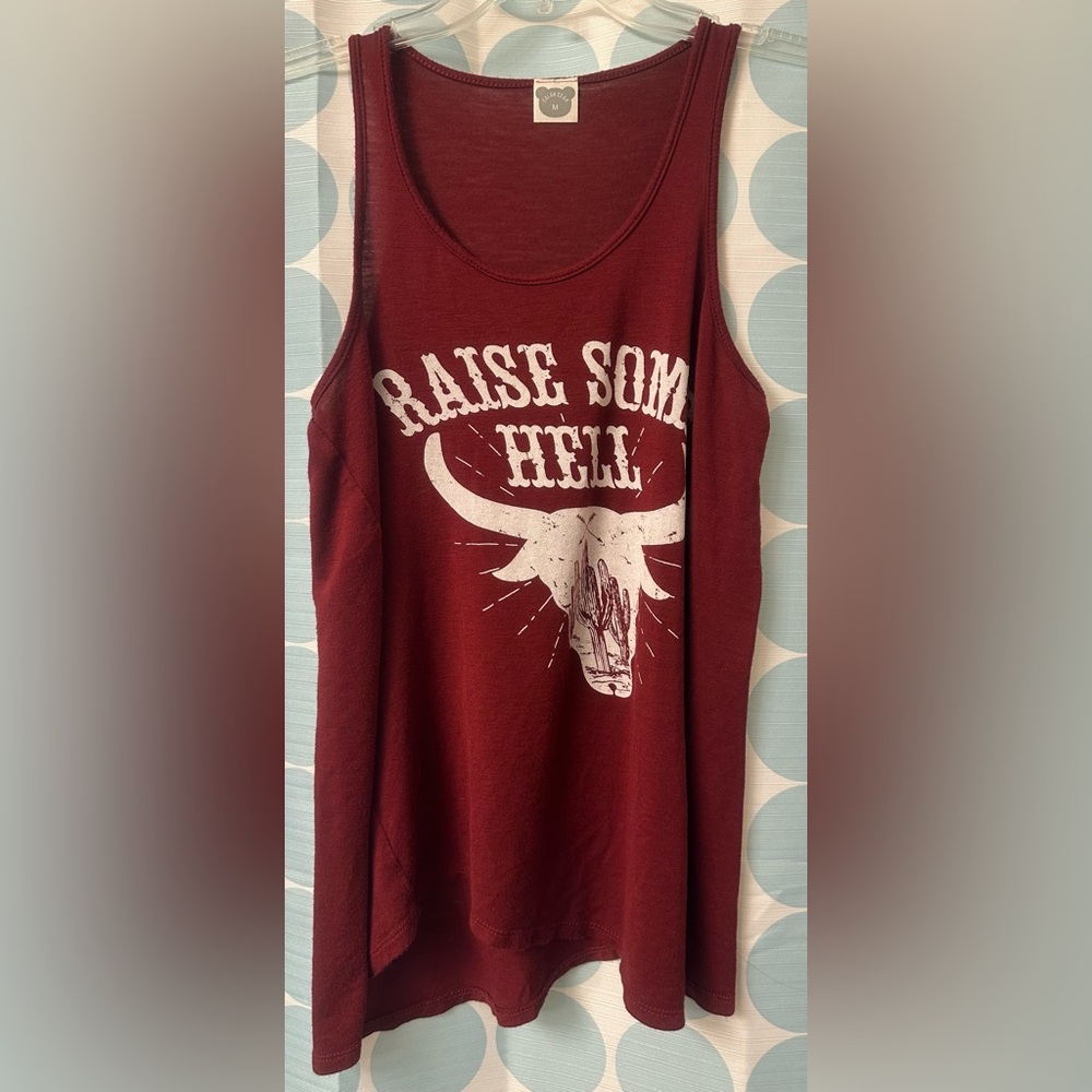 Women’s “Raise Some H*ll” Bull Tank Top, Dark red/maroonish, Size Medium